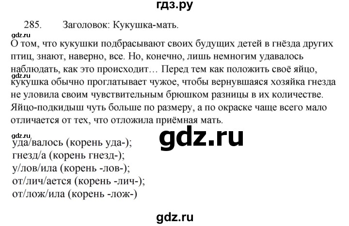 ГДЗ по русскому языку за 5 класс Ладыженская, Баранов, Тростенцова ответ на номер 285, Решебник 2021