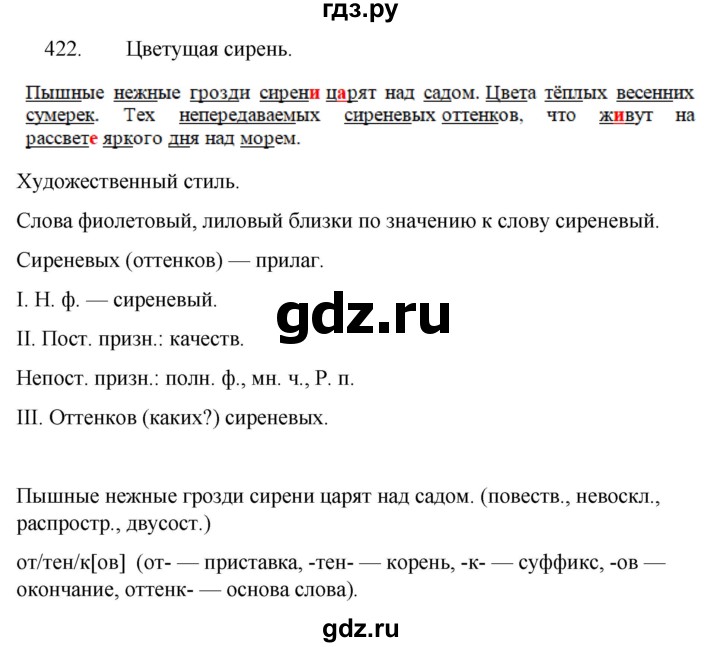 ГДЗ по русскому языку за 5 класс Ладыженская, Баранов, Тростенцова ответ на номер 422, Решебник 2021
