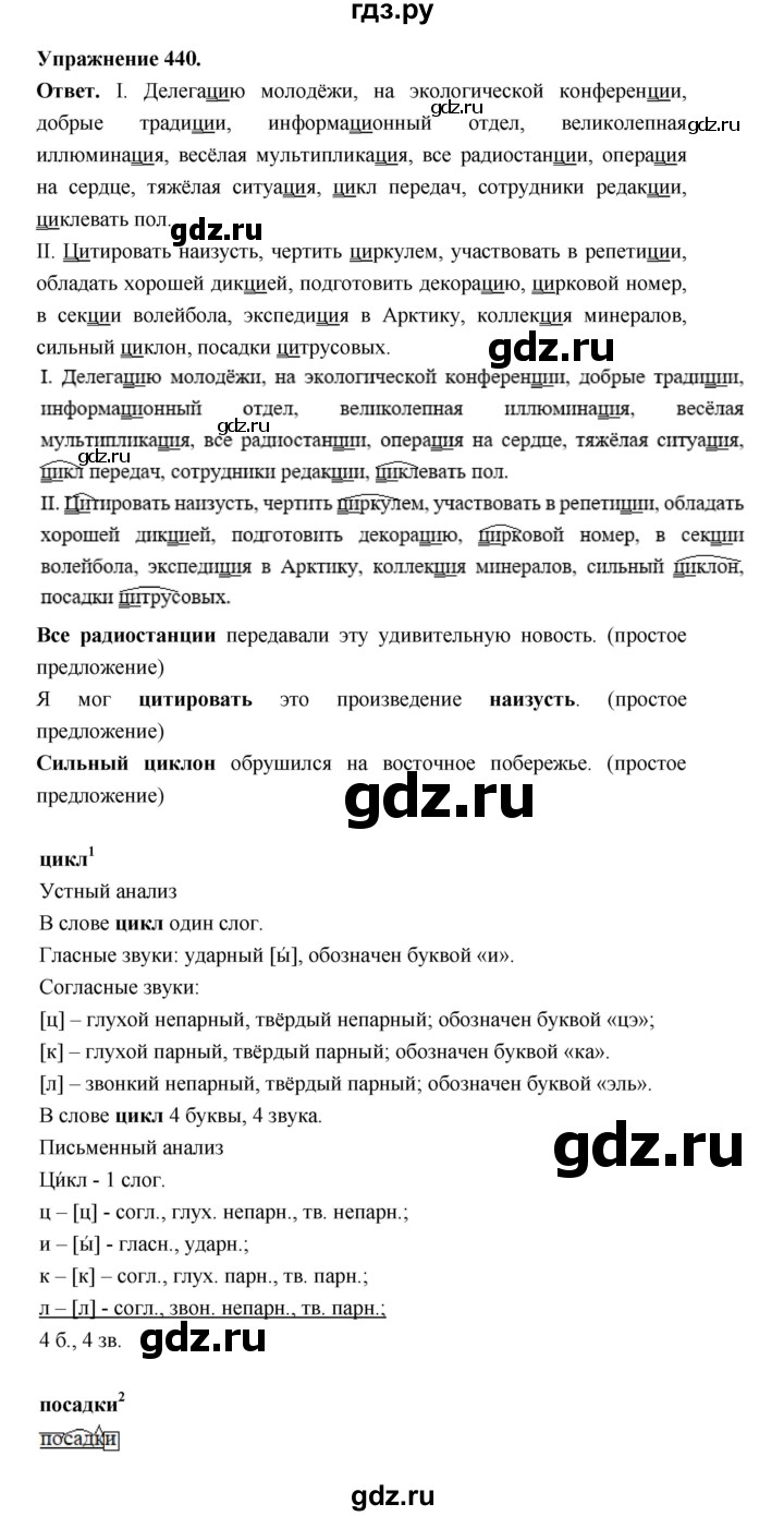 ГДЗ по русскому языку за 5 класс Ладыженская, Баранов, Тростенцова ответ на номер 440, Решебник 2025